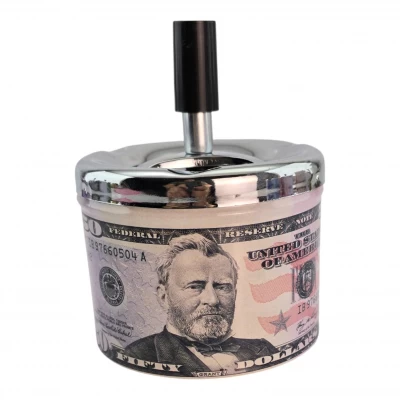 Пепельница с крышкой металлическая 50$ (d-9.5 см h-12 см)