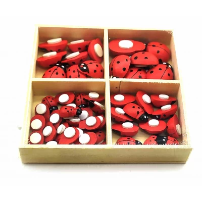Божьи коровки наклейки деревянные  (набор 56 шт) (коробка 9х9х1,5 см)