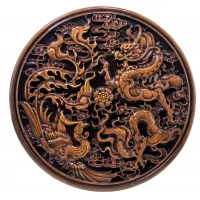 Панно  Дракон и феникс ,резное , (d-26,5 см) массив дерева,покрыто патиной,эмалями и лаком.
