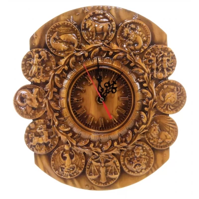 Часы Зодиак массив дерева,резные,покрыты патиной и лаком (32х30х1,8 см),механизм и стрелки в компл