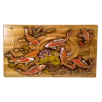 Панно Карпы ,резное,(47×28,5×2,5 см) массив дерева,покрыто патиной, эмалями и лаком.