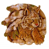 Панно Рысь(31×29×2,4см)из натурального дерева,резное,,покрыто патиной,эмалями и лаком.