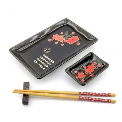 Сервиз для суши Красная сакура на черном фоне(28х14 см)(1 персона)