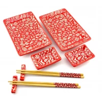Сервиз для суши Иероглифы на красном фоне (2 персоны)(28х28,3х3,5 см)J