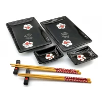 Сервиз для суши Цветы сакуры с иероглифом на черном фоне (2 персоны)(28х28,3х3,5 см)