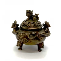 Аромакурительница Китайский Лев с драконами  для благовоний бронзовая (10х11х11 см)
