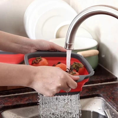 Дуршлаг силиконовый складной с ручками прямоугольный красный (23,5х18,5х7 см)