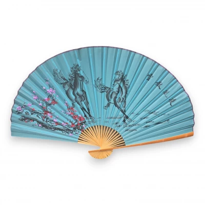 Веер настенный Лошади с сакурой на бирюзовом фоне ткань (122х6х 211 см)