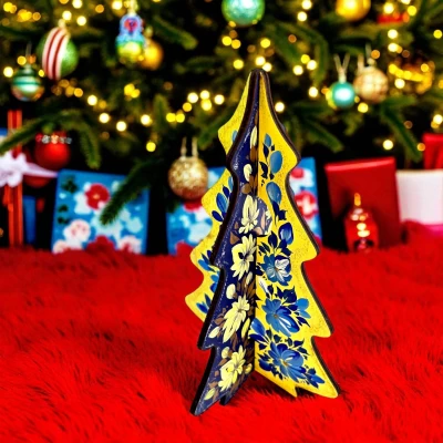 Новогодняя елка Цветочные узоры желто-синяя (18х12х0,4 см).Деревяная елочка, расписано вручную.