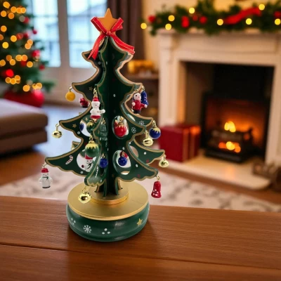 Ёлка деревянная музыкальная настольная с мини-игрушками (27 × 15 × 15 см)