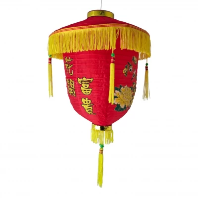 Фонарик китайский шелковый с символом удачи, красный с бахромой (d-40 см)