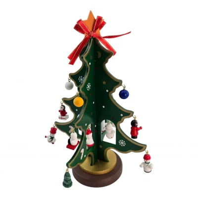 Елка настольная деревянная с подвесными игрушками (14.5 × 22 × 7.5 см)