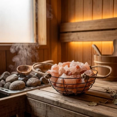 Соляная корзинка для бани с гималайской солью, Дыхание парной, (проволочная чаша) (26x12см).