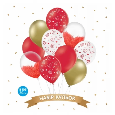 Набор шаров "Сердечки", красный, белый, хром золото, brush shine 10 шт Набор шаров "Сердечки", красный, белый, хром золото, brush shine 10 шт