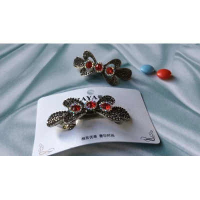 Заколка автомат, серебро, серые камушки, 7 см