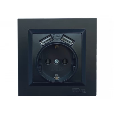 Розетка с заземлением и двумя usb портами 2,1A Luxel JAZZ (9130) Черная