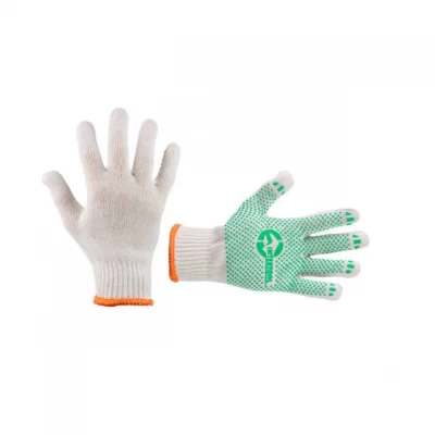 Перчатка трикотажная 60% хлопок / 40% полиэстер, с ПВХ точкой, класс вязки 7, цвет белый, с платировкою, зеленая точка, 90 г INTERTOOL SP-0126