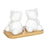 Фарфоровый набор для специй (соль/перец) на бамбуковой подставке Мишутка, 14см