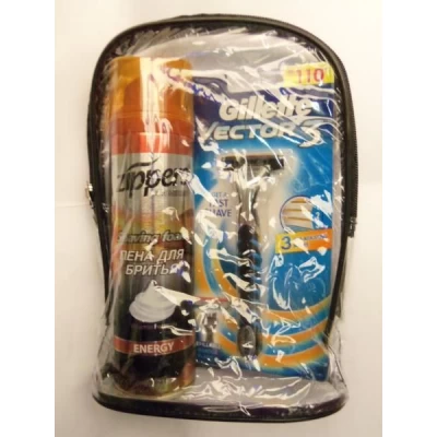 Набор подарочный мужской в косметичке (пена для бритья ZIPPERS 200 мл., станок системный для битья GILLETTE VEKTOR 3)