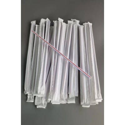 Полосатая трубочка ровная d4.8 длина 21см в индивидуальной упаковке (200 шт)