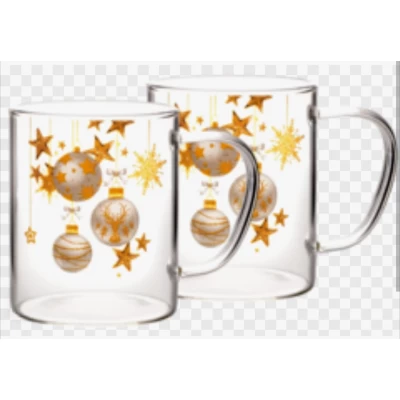 Чашка стеклянная из боросиликатного стекла (400мл) Новогодняя, ( в подарочной упаковке  2штуки)