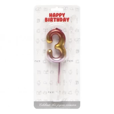 Свеча-цифра "3" металлик разноцветная JY-1065 Свеча-цифра "3" металлик разноцветная JY-1065