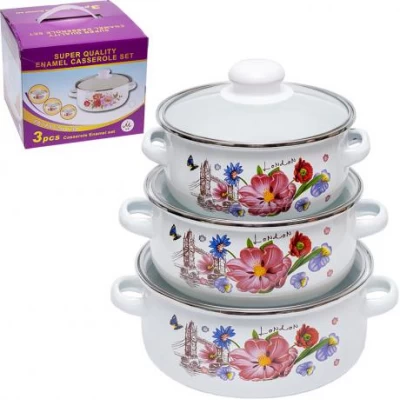 Набір емальованих каструль 3шт 1,1 л/1,6 л/2,3 л з кришками 671DG-0042 Набір емальованих каструль 3шт 1,1 л/1,6 л/2,3 л з кришками 671DG-0042