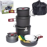 Набір посуду для кемпінгу AL-301: чайник, кострюля, сковорідка, 2 тарілки , половник, лопатка, губка