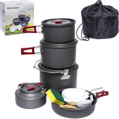 Набір посуду для кемпінгу AL-301: чайник, кострюля, сковорідка, 2 тарілки , половник, лопатка, губка