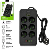 Мережевий фільтр подовжувач 2м на 6 розеток з 4 USB + 1 Type-C та вимикачем EU250U-2M