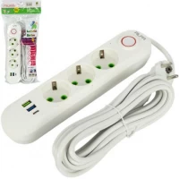 Мережевий фільтр подовжувач 5м на 3 розетки з 2 USB + 1 Type-C та вимикачем 499A03USB-5M