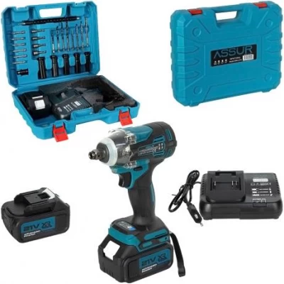 Акумуляторний безщітковий гайковерт 21V, 300 Н·м, 2 акумулятори, набір 25 предметів, у кейсі ASR054