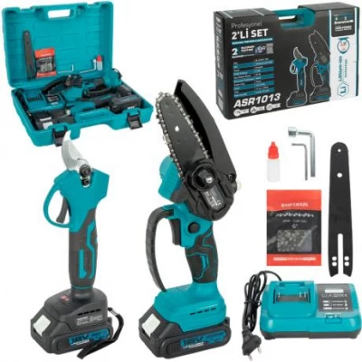 Набір акумуляторних інструментів 2-в-1: ланцюгова міні-пила та секатор в кейсі + коробка ASR1013