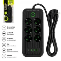 Мережевий фільтр подовжувач 3м на 6 розеток із 3 USB + 1 Type-C з кнопкою чорний AD26-18