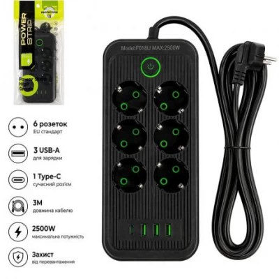 Мережевий фільтр подовжувач 3м на 6 розеток із 3 USB + 1 Type-C з кнопкою чорний AD26-18 Мережевий фільтр подовжувач 3м на 6 розеток із 3 USB + 1 Type-C з кнопкою чорний AD26-18