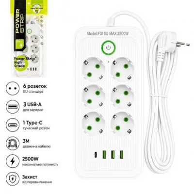 Мережевий фільтр подовжувач 3м на 6 розеток з 3 USB + 1 Type-C з кнопкою білий AD26-19 Мережевий фільтр подовжувач 3м на 6 розеток з 3 USB + 1 Type-C з кнопкою білий AD26-19