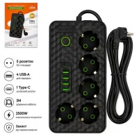 Мережевий фільтр подовжувач 3м на 5 розеток з 4 USB + 1 Type-C та вимикачем AD26-21