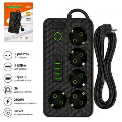 Мережевий фільтр подовжувач 3м на 5 розеток з 4 USB + 1 Type-C та вимикачем AD26-21 Мережевий фільтр подовжувач 3м на 5 розеток з 4 USB + 1 Type-C та вимикачем AD26-21