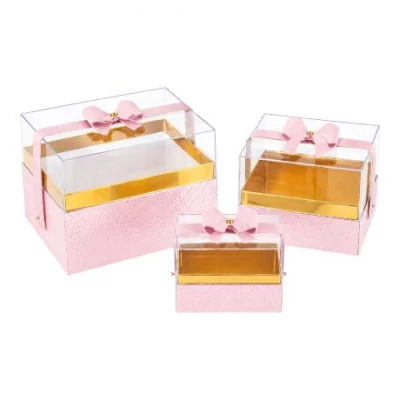 Набір подарункових коробок 3шт з прозорою кришкою та стрічкою 1027-Light pink