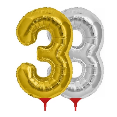 Шарик Цифра (45см) с палочкой серебро 3