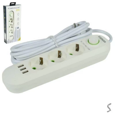Удлинитель 2500W 3м (3р 3USB с выкл) 29*13*4.5см