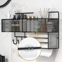 Полка в ванную с держателем бумажных салфеток и крючками настенная 40*13.5*19.5см