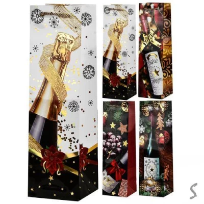 Пакет новогодний бумажный под бутылку "Gifts" 11*11*38см
