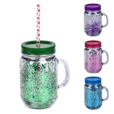 Чашка-банка двойная стенка с закручивающейся крышкой и трубочкой 450мл