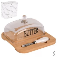 Масленка бамбук с ножом и стеклянной крышкой 18*18*9см