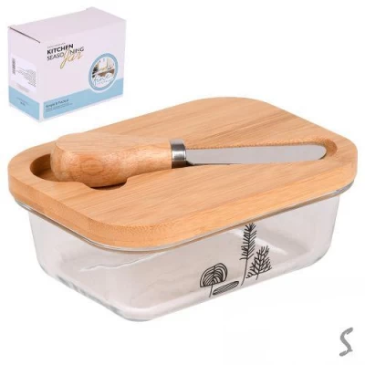 Масленка стекло с ножом и бамбуковой крышкой 10.5*14.5*6см