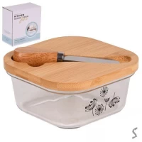 Масленка стекло с ножом и бамбуковой крышкой 13.5*13.5*6см