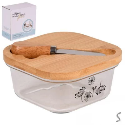 Масленка стекло с ножом и бамбуковой крышкой 13.5*13.5*6см