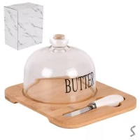 Масленка бамбук с ножом и стеклянной крышкой 17*20*11см