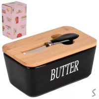 Масленка керамика с ножом и бамбуковой крышкой 16.8*9.5*7.7см Масленка керамика с ножом и бамбуковой крышкой 16.8*9.5*7.7см